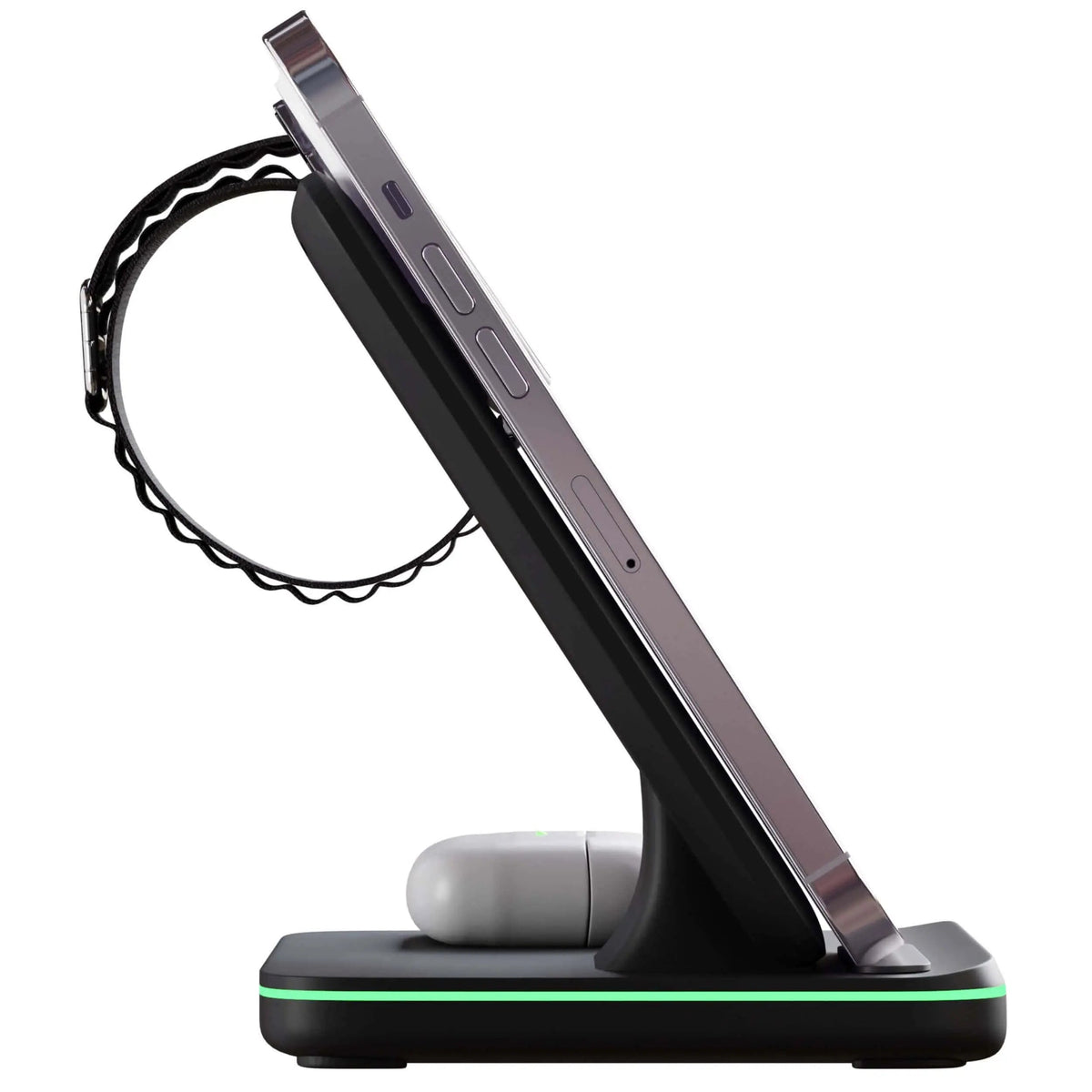 Belro 3-in-1 Apple charger dock with multiple charging ports for iPhone, iPad, and Apple Watch on a sleek electronics desk setup.
