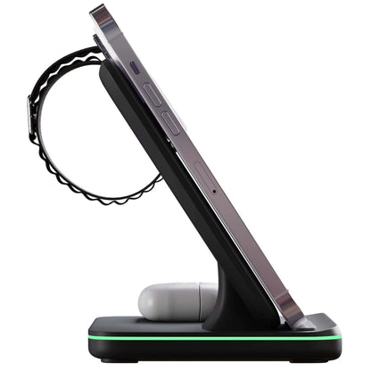 Belro 3-in-1 Apple charger dock with multiple charging ports for iPhone, iPad, and Apple Watch on a sleek electronics desk setup.