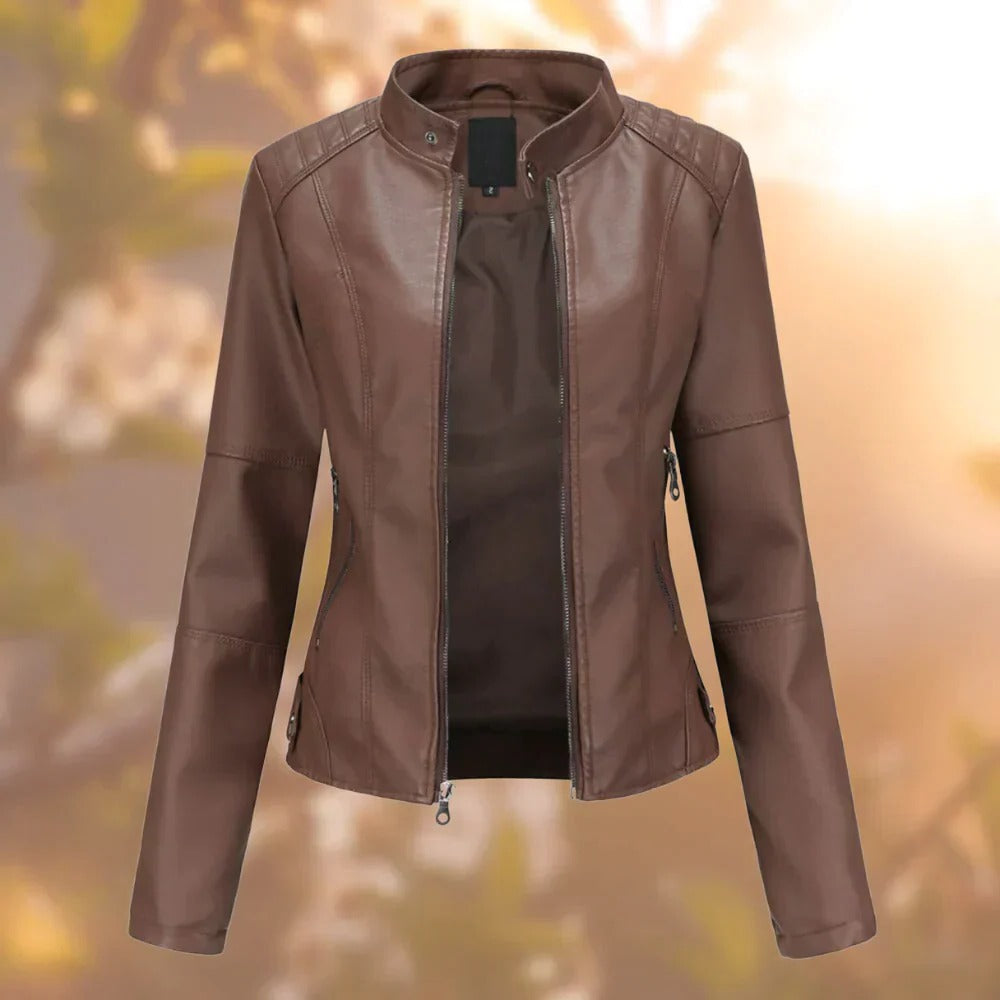 Women’s black leather jacket by Belro with a fitted style and zipper details, perfect for stylish outerwear.