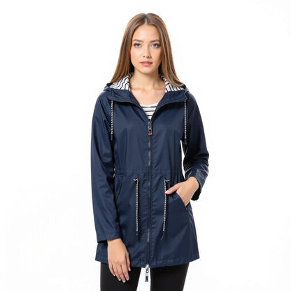Elegant Belro long rain jacket for women, stylish waterproof Mackintosh with a sleek design and tailored fit.