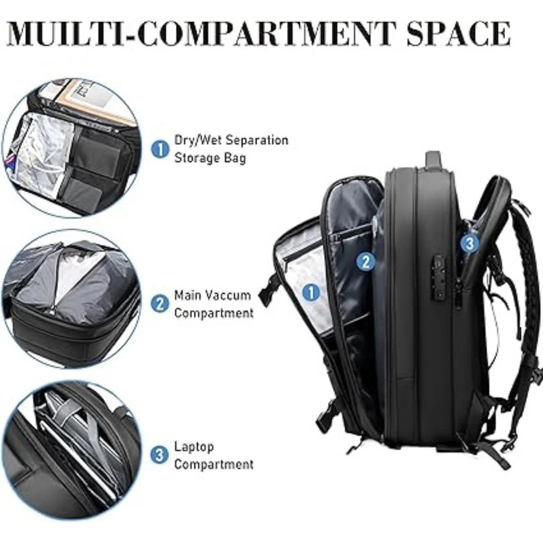 Belro vacuum travel backpack for compression clothing, featuring adjustable straps and multiple compartments for efficient packing.