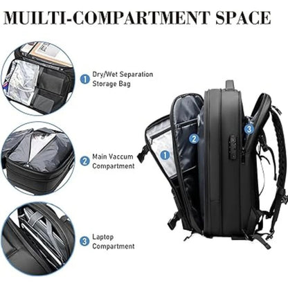 Belro vacuum travel backpack for compression clothing, featuring adjustable straps and multiple compartments for efficient packing.