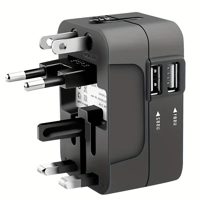 Belro worldwide travel adapter with dual USB ports for electronics charging, shown with multiple plug configurations.