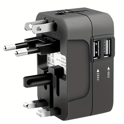 Belro worldwide travel adapter with dual USB ports for electronics charging, shown with multiple plug configurations.