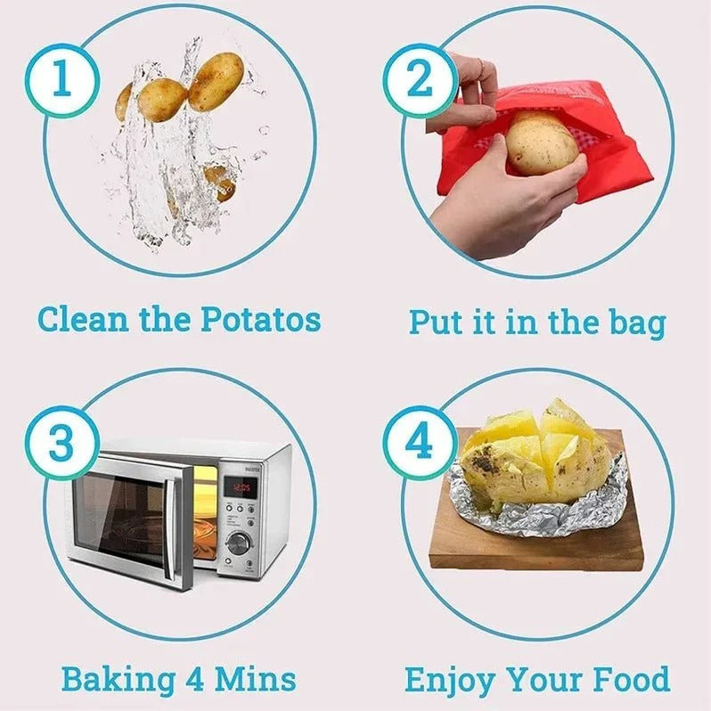 Belro microwave potato bag made of fabric, designed for safely cooking potatoes in the microwave, with a soft, heat-resistant exterior.