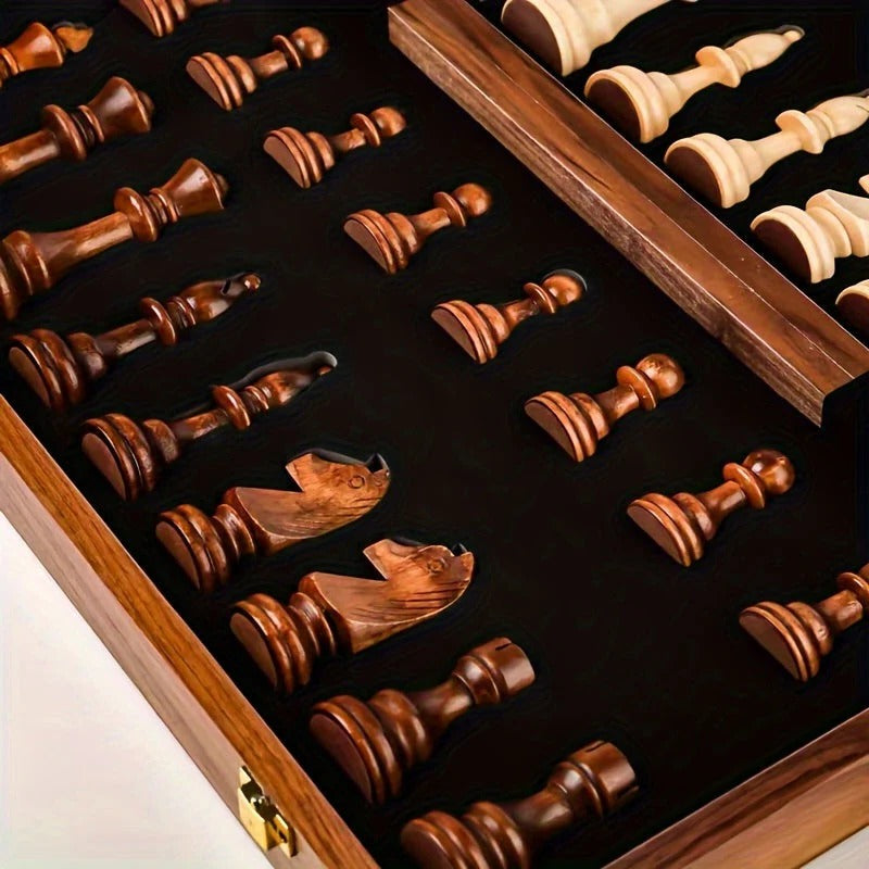 Wooden chess set by Belro featuring intricately carved chess pieces on a smooth wooden board for strategic gameplay.