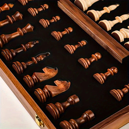 Wooden chess set by Belro featuring intricately carved chess pieces on a smooth wooden board for strategic gameplay.