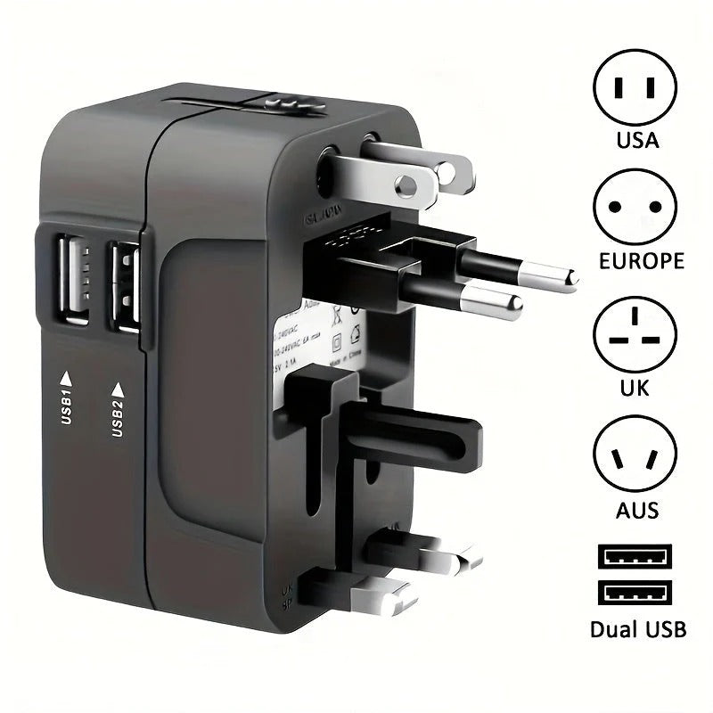 Belro worldwide travel adapter with dual USB charging ports and multiple plug options for international electronics use.