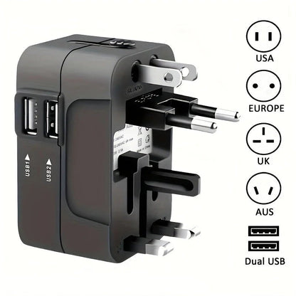 Belro worldwide travel adapter with dual USB charging ports and multiple plug options for international electronics use.