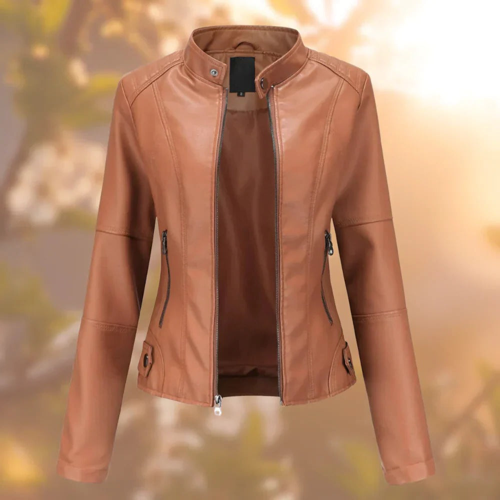 Belro women's leather jacket with classic design, featuring a sleek black finish and stylish collar detail.