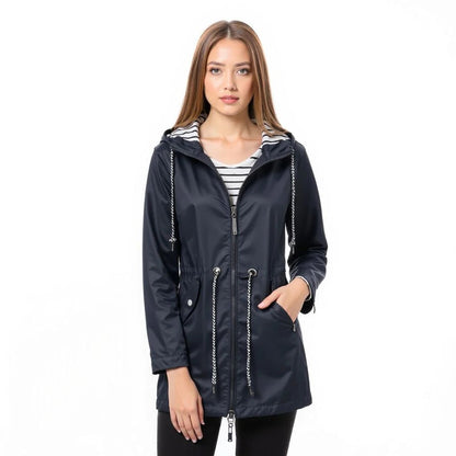 Long elegant Belro Mackintosh rain jacket for women, shown in a stylish, tailored design perfect for rainy weather.