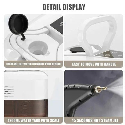 Belro high-pressure steam cleaning tool for outdoor home and garden use, with a sturdy handle and steam nozzle in action.