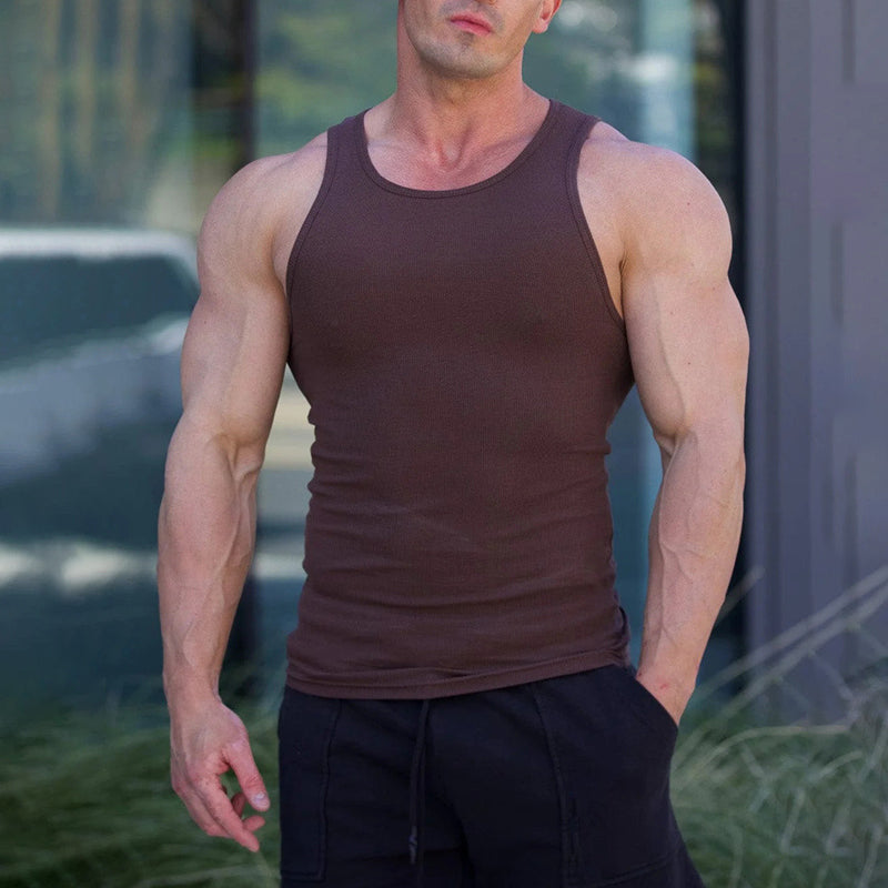 Belro Ultimate Men's Sleeveless Tee, black sleeveless shirt for men, casual clothing, front view showing fit and fabric texture.