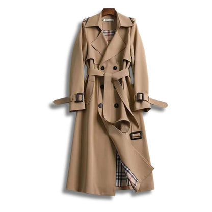 Belro classic trench coat with timeless style, beige color, featuring a tailored fit, double-breasted design, and belt at waist.