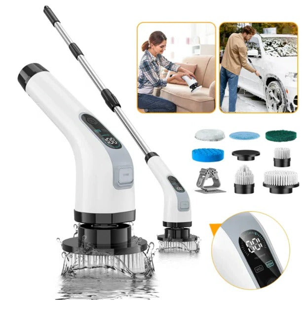 Belro rechargeable electric scrubber for home and garden outdoor cleaning, showing a handheld device with scrubbing brush attachments.