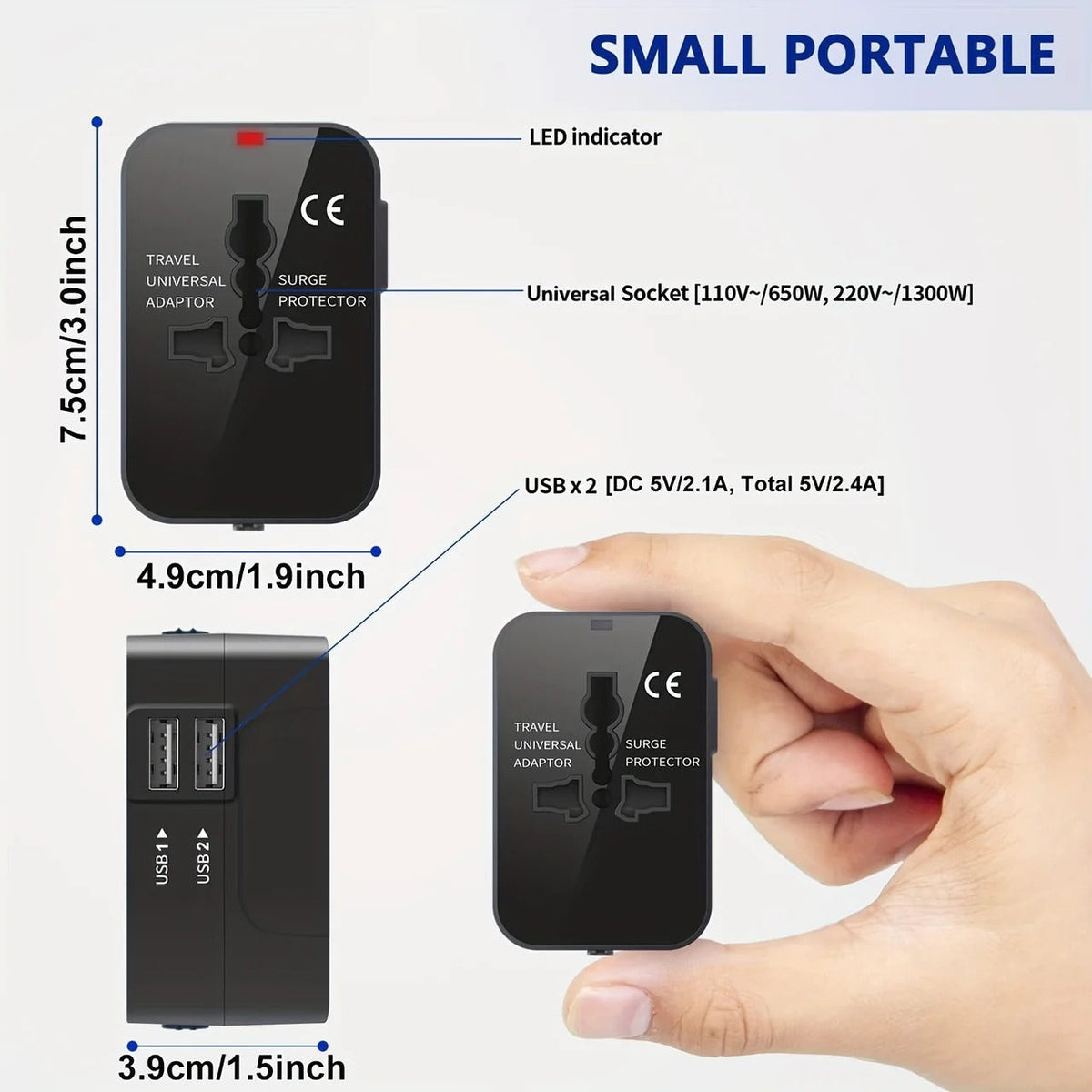 Belro worldwide travel adapter with dual USB charging ports, compact electronics accessory for international travel.