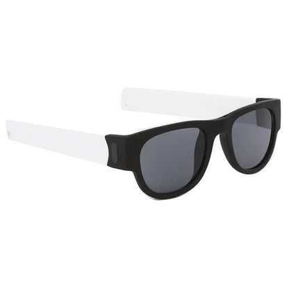 Belro folding slap sunglasses with black frames and dark lenses, compact and stylish eyewear accessory for outdoor use.