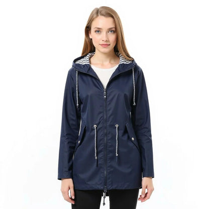 Long elegant Mackintosh rain jacket for women by Belro, showcasing a sleek, waterproof design with a classic silhouette.