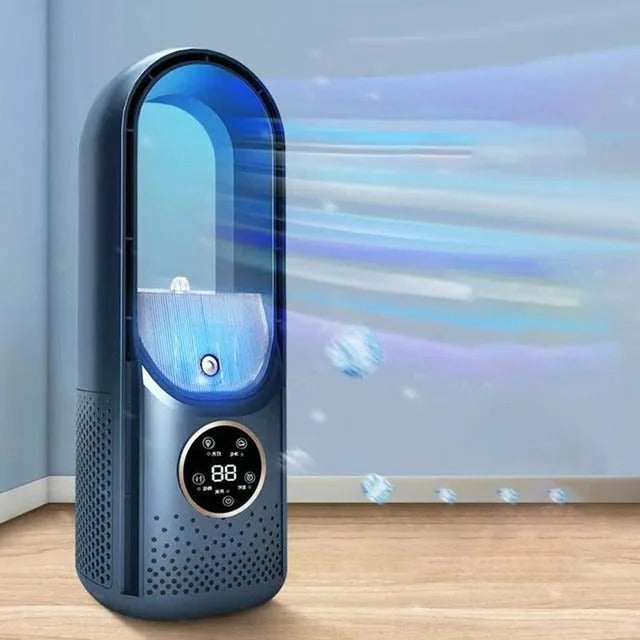 Belro blade-free silent portable air conditioner for home and office, shown in a modern indoor setting.