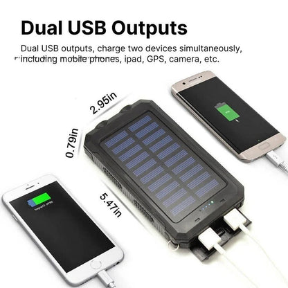 Belro 500000mAh waterproof solar power bank with multiple USB ports and rugged exterior for outdoor charging.