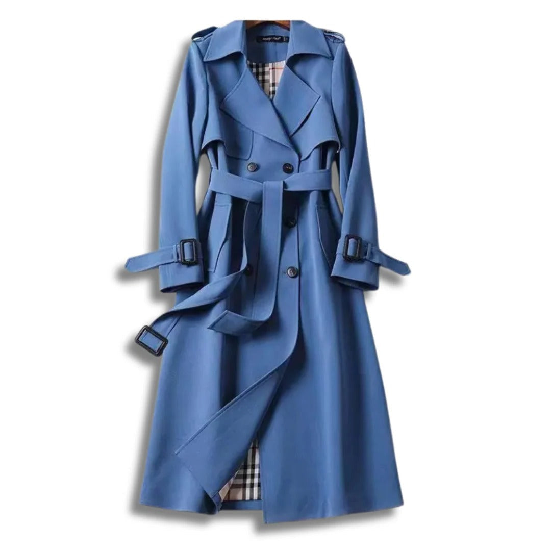 Belro classic trench coat with timeless style, shown in a natural pose, highlighting the sleek design and neutral color.
