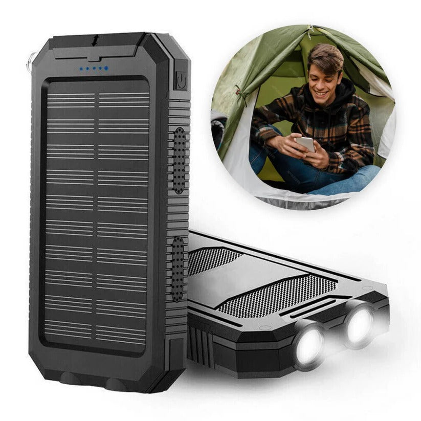 Belro 500000mAh waterproof solar power bank with multiple USB ports and rugged outdoor design for charging devices on the go