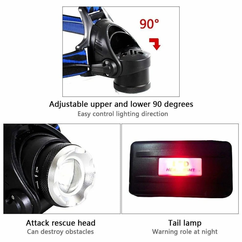 Belro rechargeable LED headlamp with adjustable straps and bright 990000LM light for outdoor and emergency use.