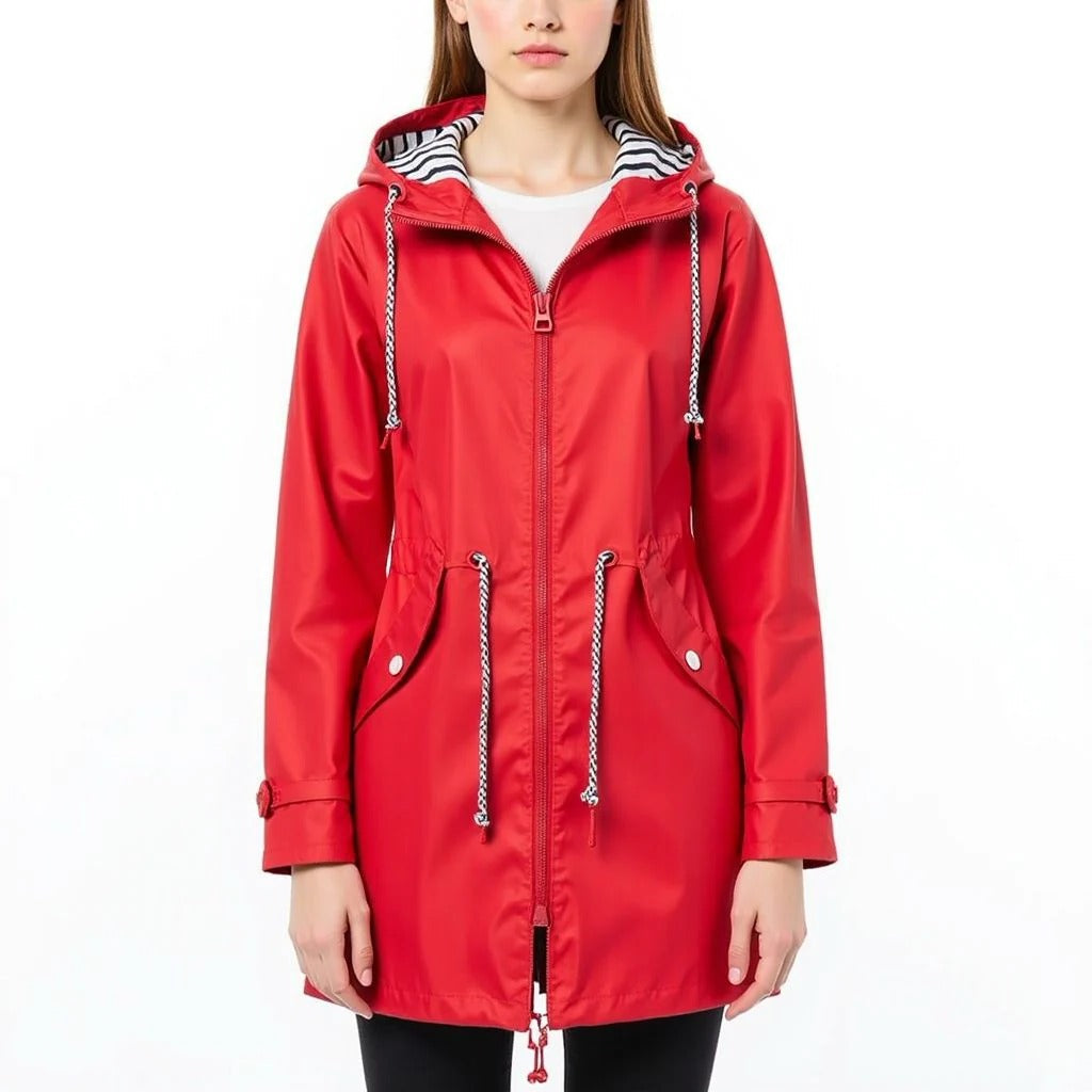 Long elegant Mackintosh rain jacket for women by Belro, showing the sleek, tailored design in a soft, water-resistant fabric.