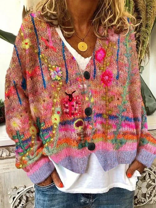 Retro women's cardigan by Belro, featuring classic design and knit fabric, shown in a stylish automotive-inspired pattern.
