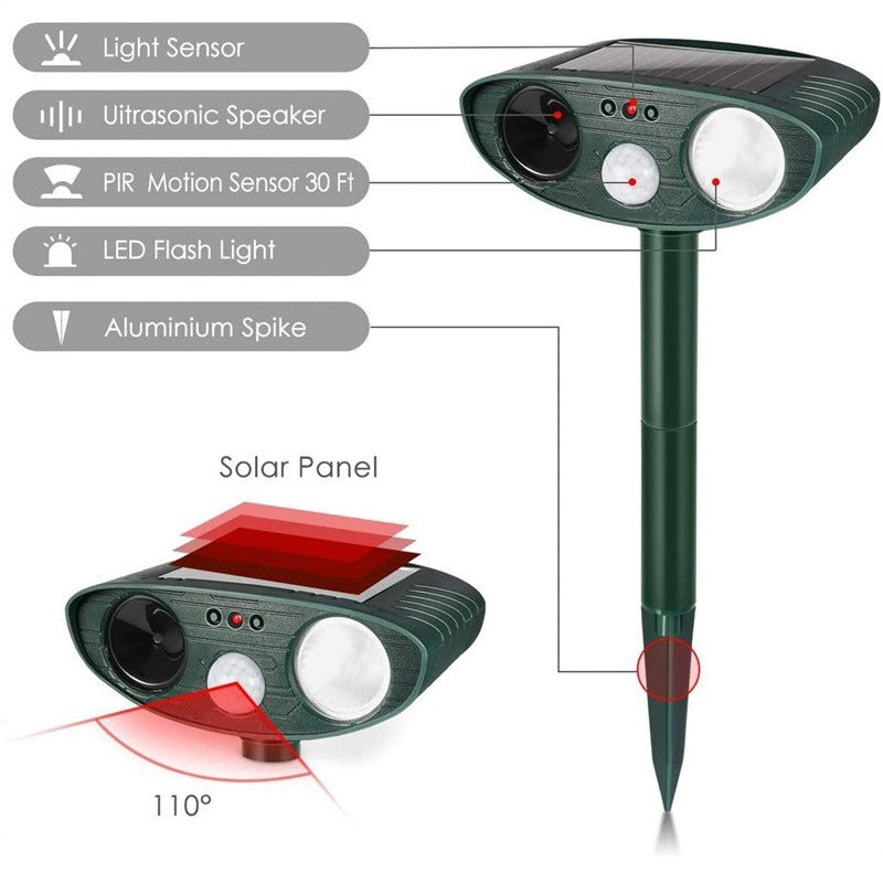Belro solar-powered ultrasonic animal repellent in outdoor garden setting, designed for pest control to deter wildlife naturally.