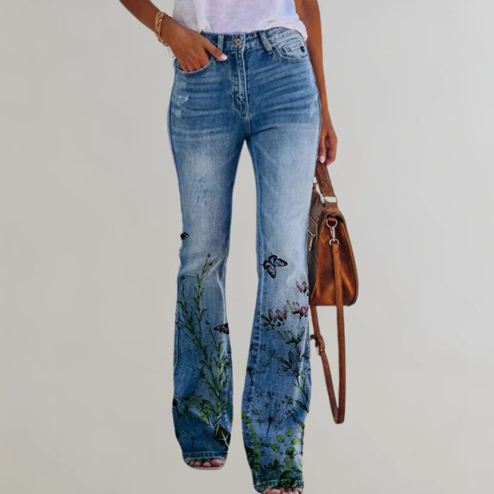 Women's Belro flared trousers, denim jeans with a high waist and wide leg fit, shown on a model against a neutral background.