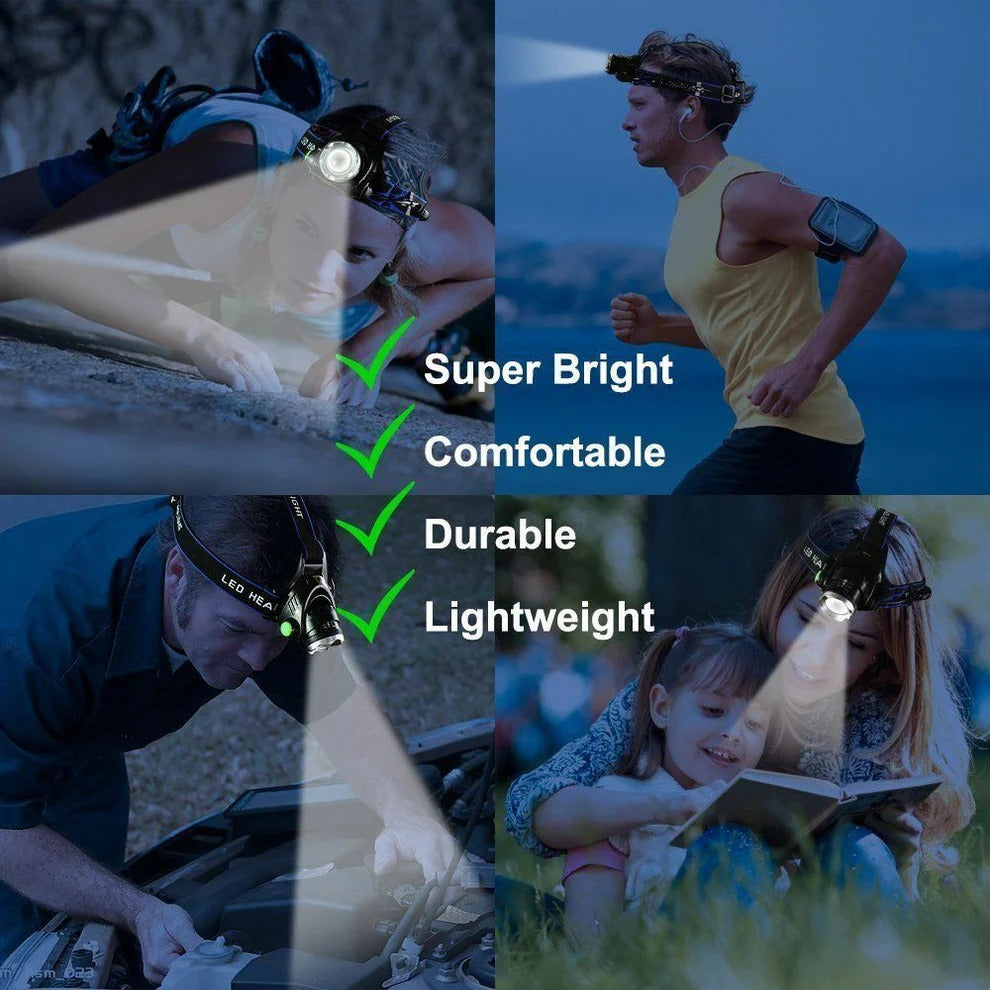 Belro rechargeable LED headlamp with adjustable strap and bright white light, ideal for outdoor and emergency lighting.