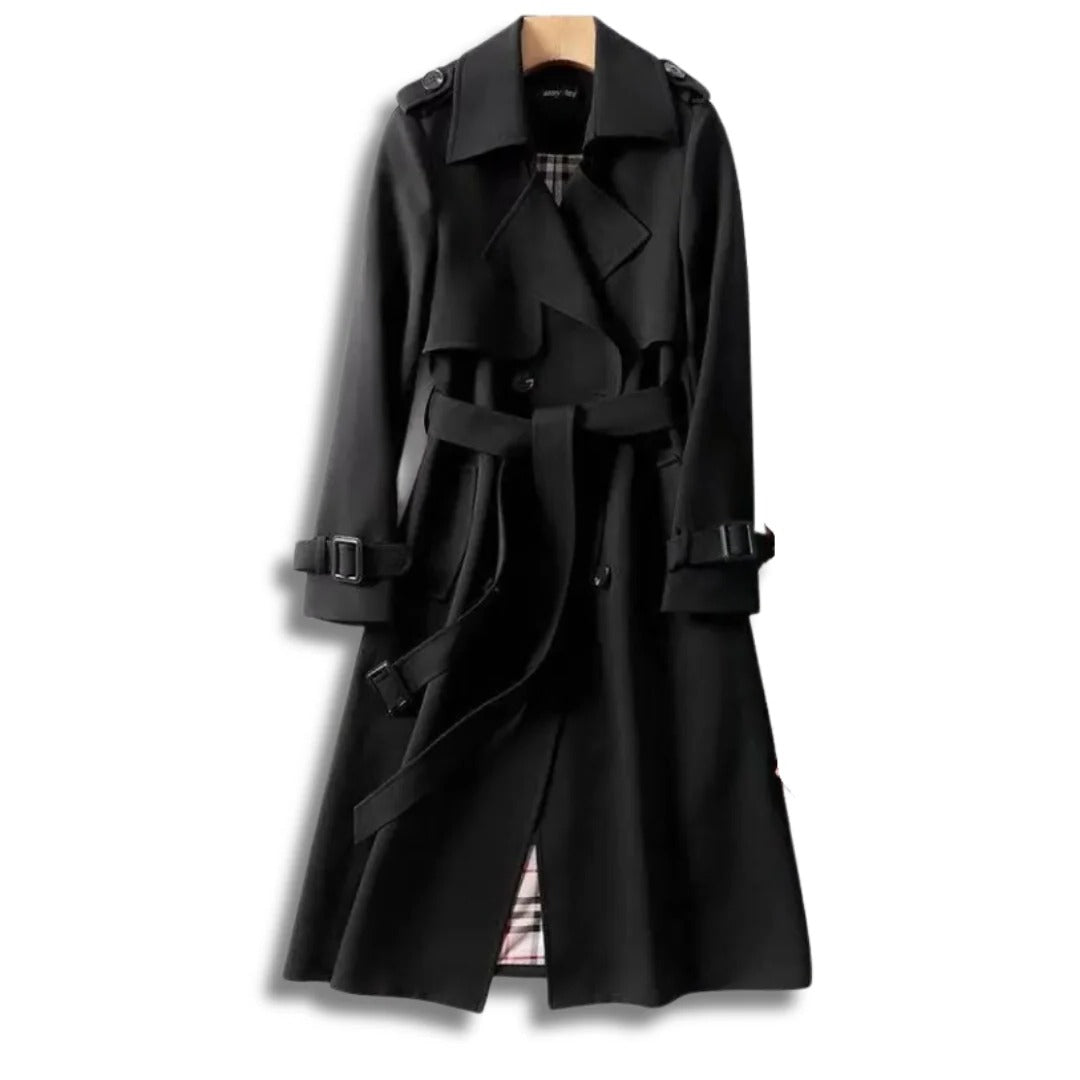 Belro classic trench coat with timeless style, shown on a model, featuring a tailored fit and traditional double-breasted design.