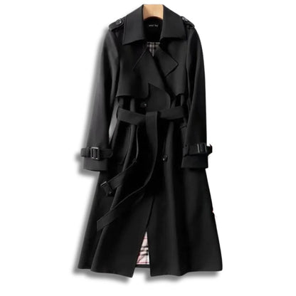 Belro classic trench coat with timeless style, shown on a model, featuring a tailored fit and traditional double-breasted design.