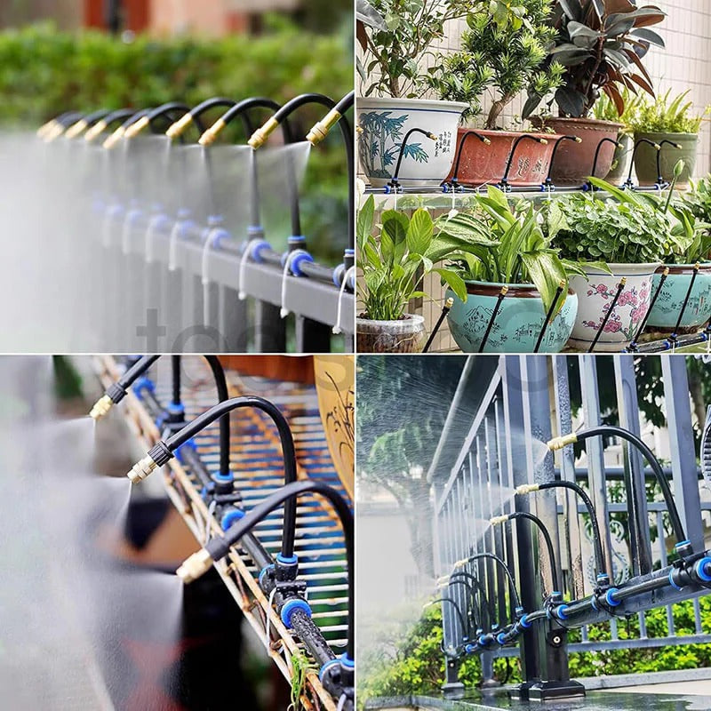 Belro drip irrigation kit with flexible 360-degree hose for outdoor garden watering, showing assembled components and hoses.