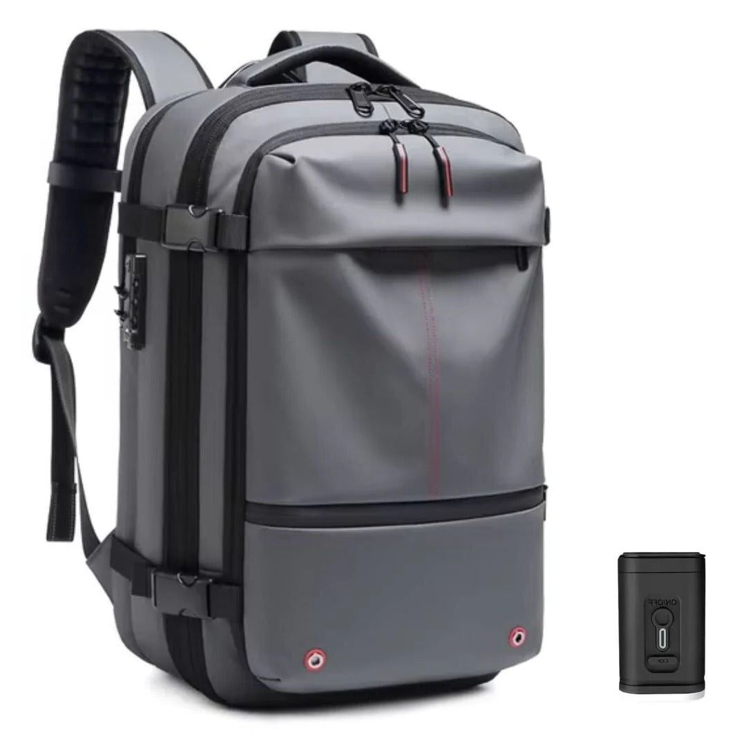 Belro vacuum travel backpack with compression clothing, showing multiple compartments and sleek black design for efficient travel storage.