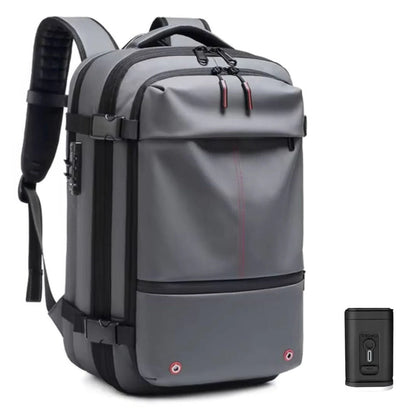 Belro vacuum travel backpack with compression clothing, showing multiple compartments and sleek black design for efficient travel storage.
