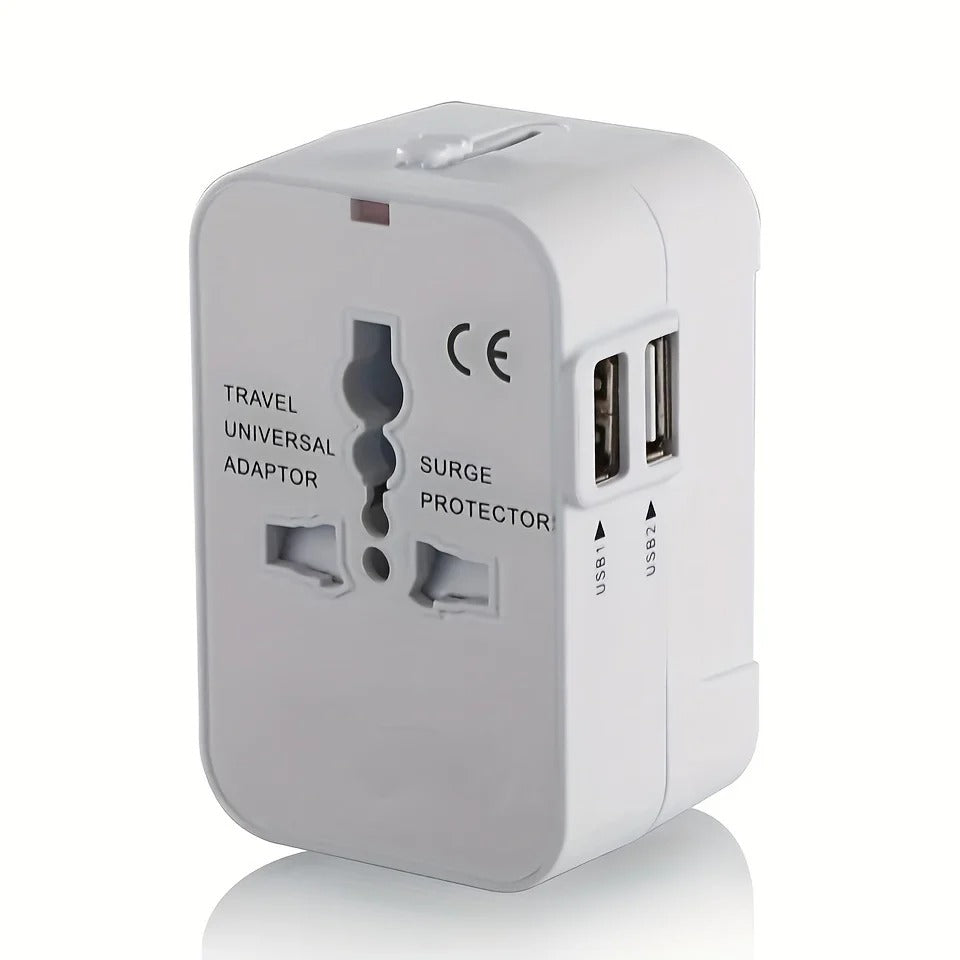Belro worldwide travel adapter with dual USB charging ports, compact electronics accessory for international travel.
