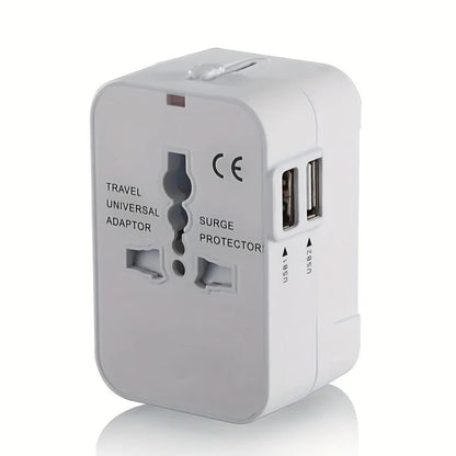 Belro worldwide travel adapter with dual USB charging ports, compact electronics accessory for international travel.