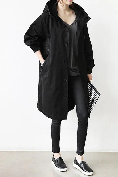 Belro hooded waterproof trench coat displayed on a hanger, with a classic design and adjustable hood for rain protection.