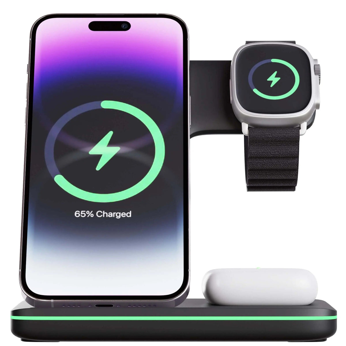 Belro 3-in-1 Apple charger dock with multiple charging ports for iPhone, Apple Watch, and AirPods, in sleek black design