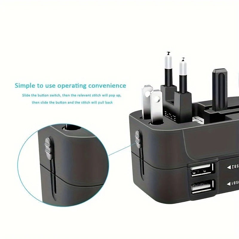 Belro worldwide travel adapter with dual USB charging ports, compact electronic device for international travel.