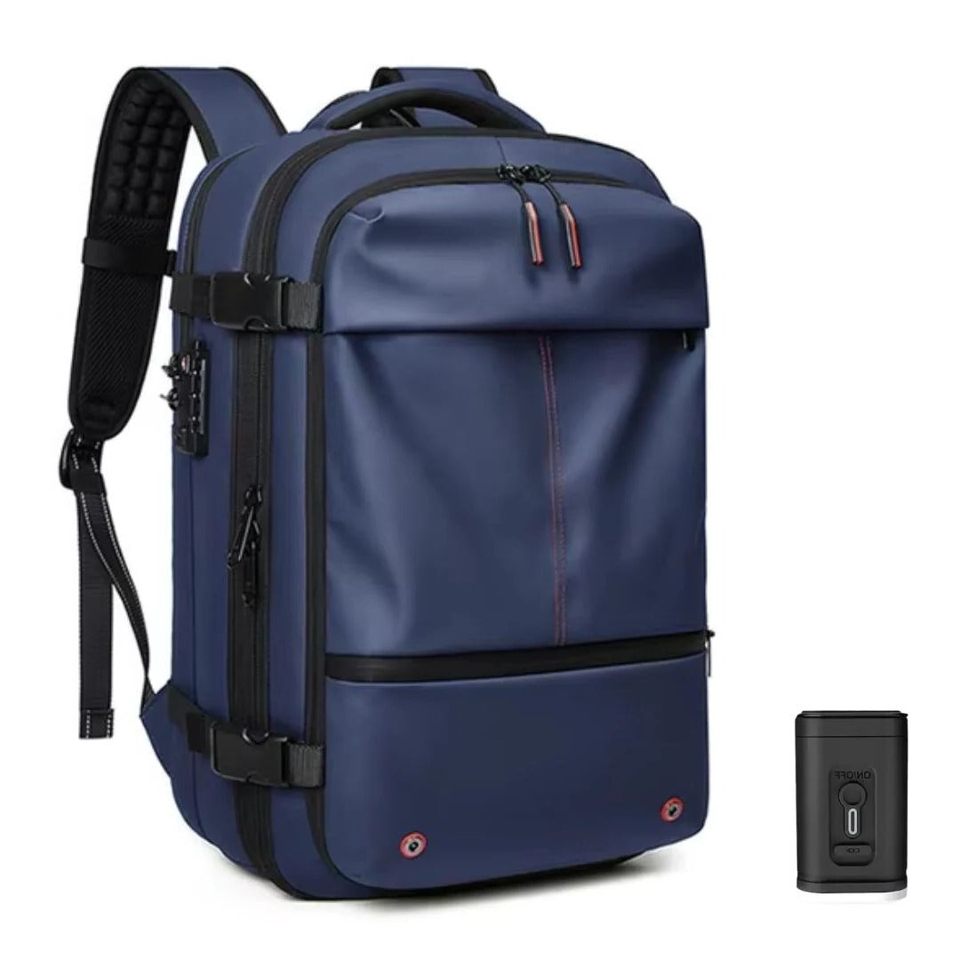 Belro vacuum travel backpack for compression wear, showing sleek black design with adjustable straps and compact shape for travel ease.
