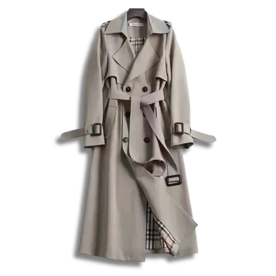 Belro classic trench coat in beige, stylish long coat with collar and belt, perfect for a timeless, sophisticated look.
