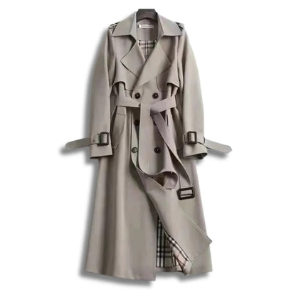 Belro classic trench coat in beige, stylish long coat with collar and belt, perfect for a timeless, sophisticated look.