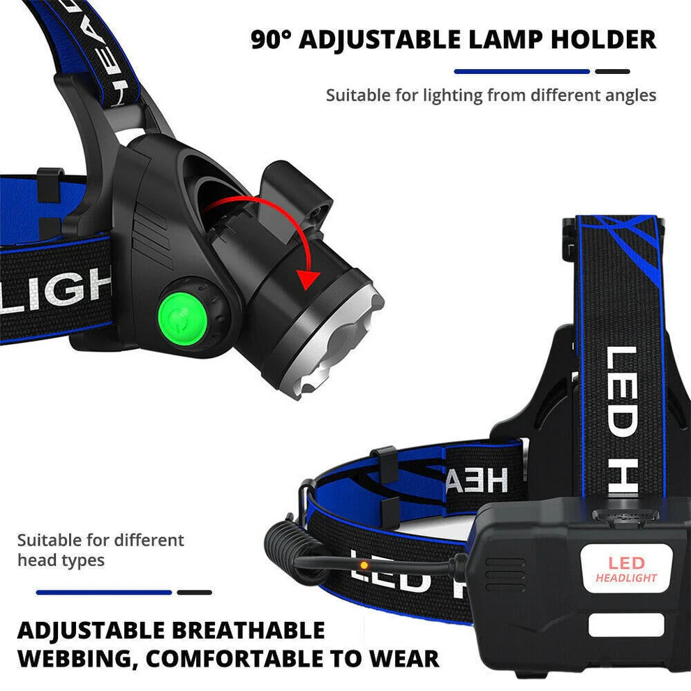 Belro rechargeable LED headlamp with bright 990000 lumens, adjustable strap, and rechargeable battery for outdoor and work use.