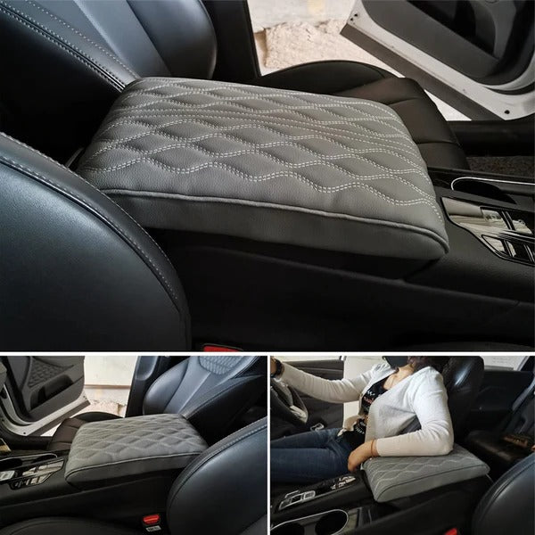 Belro leather car armrest box pad in universal style, showing a close-up of the black leather cushioning for automotive use.