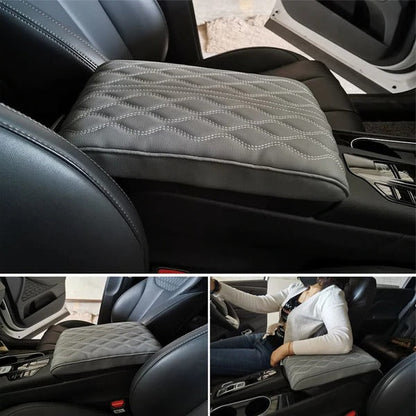 Belro leather car armrest box pad in universal style, showing a close-up of the black leather cushioning for automotive use.