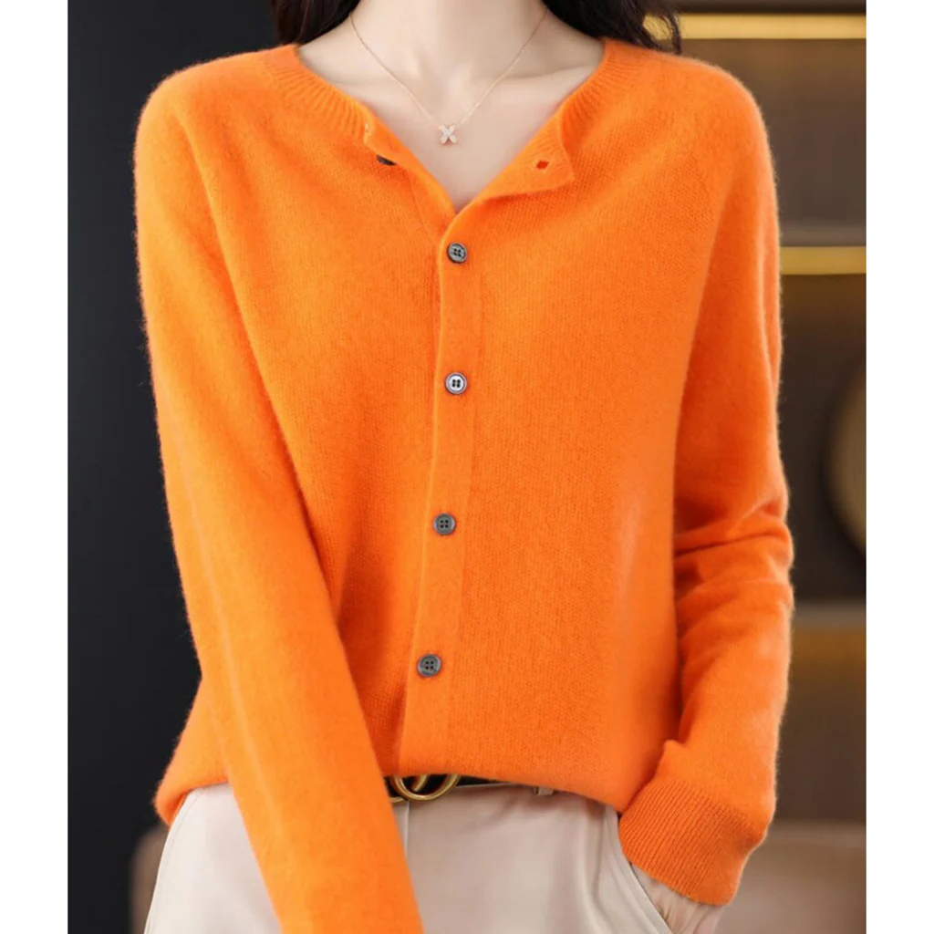 Women's Belro round neck cardigan sweater, featuring a cozy knit fabric and classic design, displayed on a mannequin.