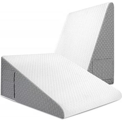 Belro Triangle Memory Foam Wedge Pillow for sleeping, supports neck and back, in a neutral color on a bed.